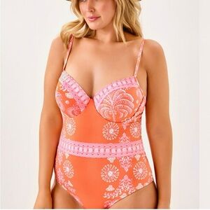 Lilly Pulitzer Papaya Breezy Palm Engineered Palma One Piece Swimsuit 14 NWT